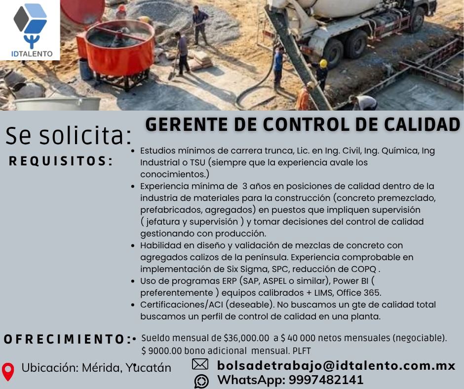Banner del anuncio de la vacante: IDTALENTO · GERENTE DE CONTROL DE CALIDAD · Se solicita: · REQUISITOS: · Estudios mínimos de carrera trunca, Lic. en Ing. Civil, Ing. Químic