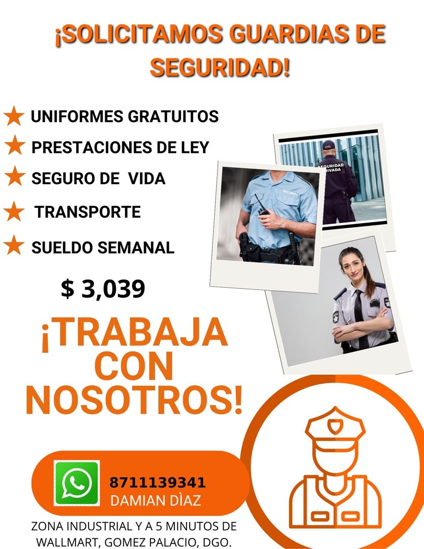 Banner del anuncio de la vacante: ¡SOLICITAMOS GUARDIAS DE · SEGURIDAD! · * UNIFORMES GRATUITOS · * PRESTACIONES DE LEY · * SEGURO DE VIDA · EGURIDAD · LIVADA · * TRANSPORTE 