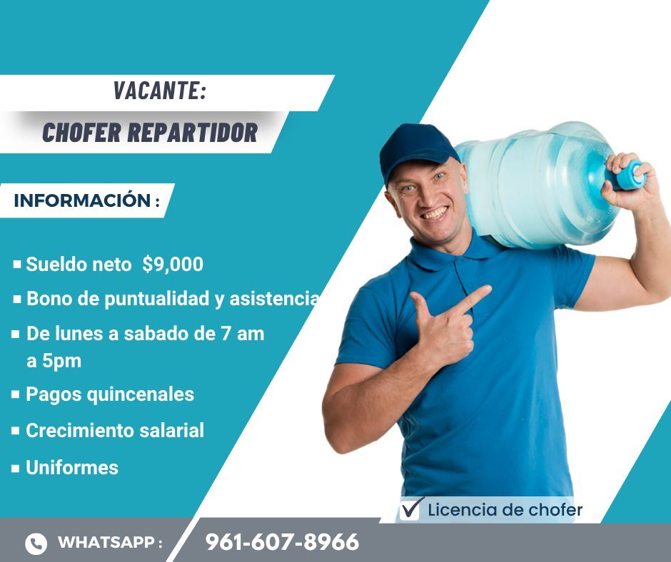 Banner del anuncio de la vacante: VACANTE: · CHOFER REPARTIDOR · INFORMACIÓN: · • Sueldo neto $9,000 · • Bono de puntualidad y asistencia · • De lunes a sabado de 7 am · a 5p