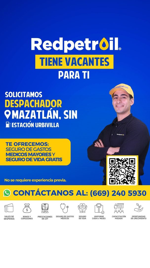 Banner del anuncio de la vacante: Redpetroil. · TIENE VACANTES · PARA TI · A30 OSA · SOLICITAMOS · DESPACHADOR · OMAZATLAN, SIN · R ESTACIÓN URBIVILLA · Red petran · TE OFREC
