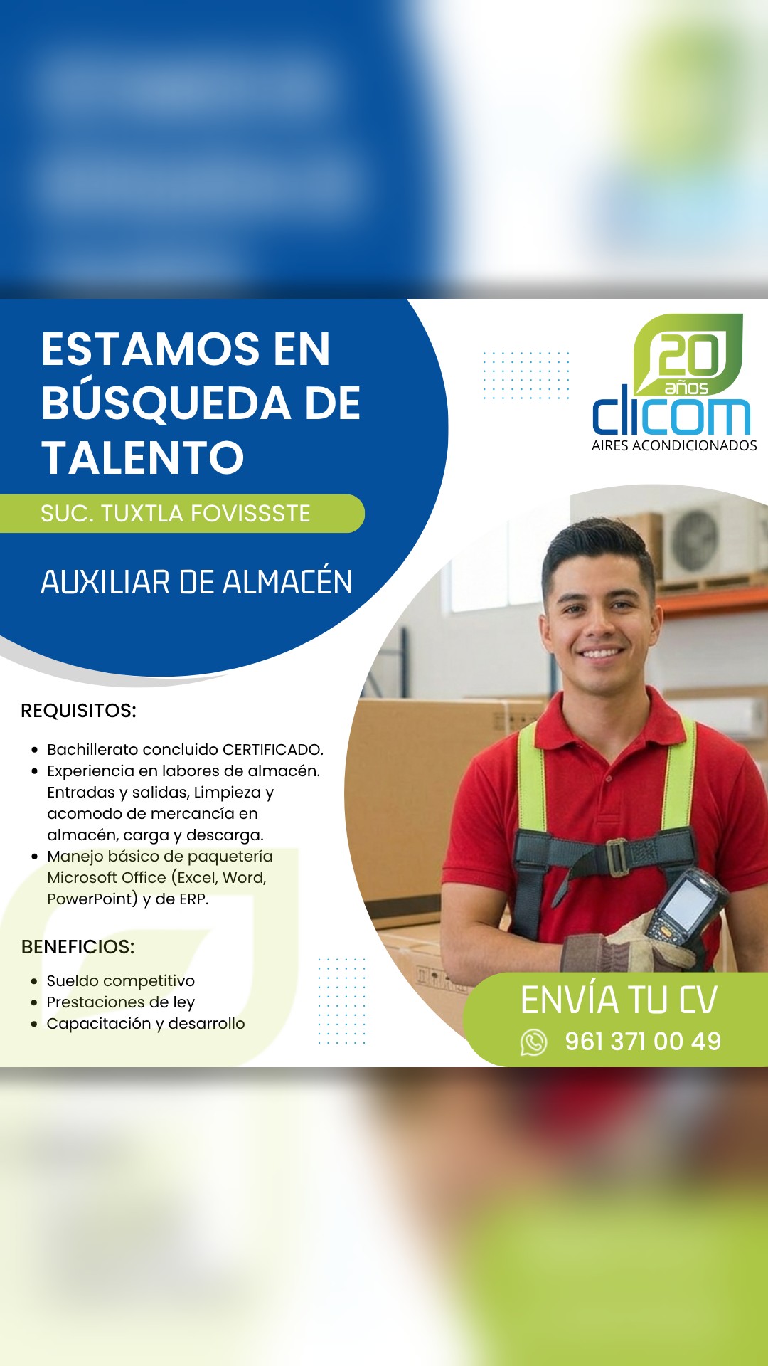 Banner del anuncio de la vacante: ESTAMOS EN · BÚSQUEDA DE · TALENTO · SUC. TUXTLA FOVISSSTE · AUXILIAR DE ALMACÉN · REQUISITOS: · • Bachillerato concluido CERTIFICADO. · • E