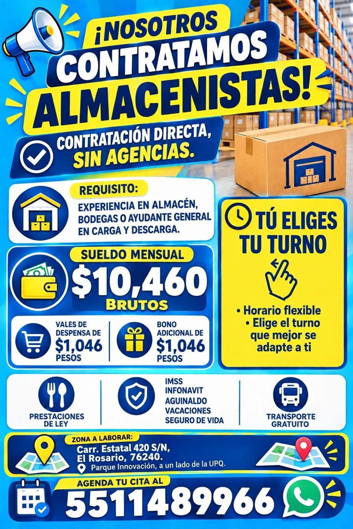 Banner del anuncio de la vacante: ¡NOSOTROS · CONTRATAMOS · ALMACENISTAS! - · CONTRATACIÓN DIRECTA, · SIN AGENCIAS. · REQUISITO: · EXPERIENCIA EN ALMACÉN, · BODEGAS O AYUDANT