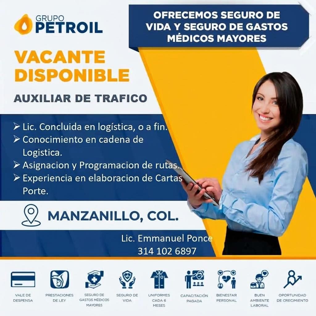 Banner del anuncio de la vacante: GRUPO · PETROIL · OFRECEMOS SEGURO DE · VIDA Y SEGURO DE GASTOS · MÉDICOS MAYORES · VACANTE · DISPONIBLE · AUXILIAR DE TRAFICO · • Lic. Conc