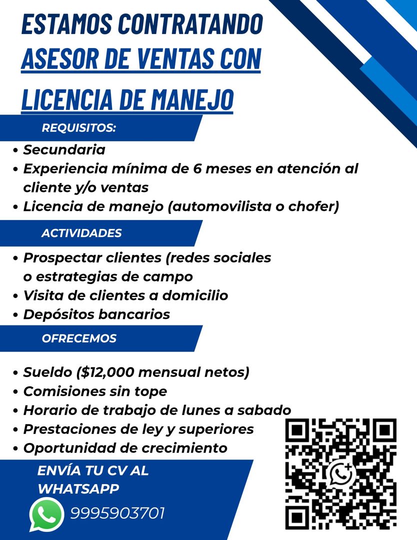 Banner del anuncio de la vacante: ESTAMOS CONTRATANDO · ASESOR DE VENTAS CON · LICENCIA DE MANEJO · REQUISITOS: · • Secundaria · • Experiencia mínima de 6 meses en atención a