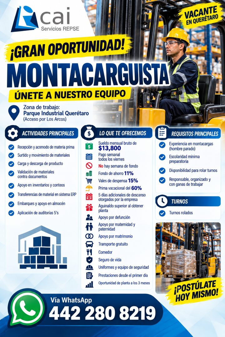 Banner del anuncio de la vacante: cai · Servicios REPSE · ¡GRAN OPORTUNIDAD! · MONTACARGUISTA · ÚNETE A NUESTRO EQUIPO · Zona de trabajo: · Parque Industrial Querétaro · (Acc