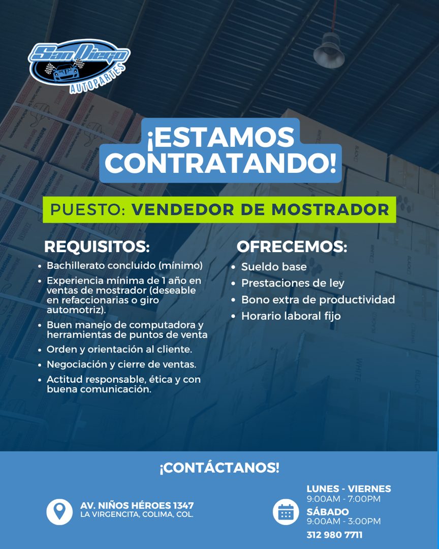 Banner del anuncio de la vacante: AUTOPARUES · ¡ESTAMOS · CONTRATANDO! · PUESTO: VENDEDOR DE MOSTRADOR · REQUISITOS: · • Bachillerato concluido (mínimo) · • Experiencia mínim