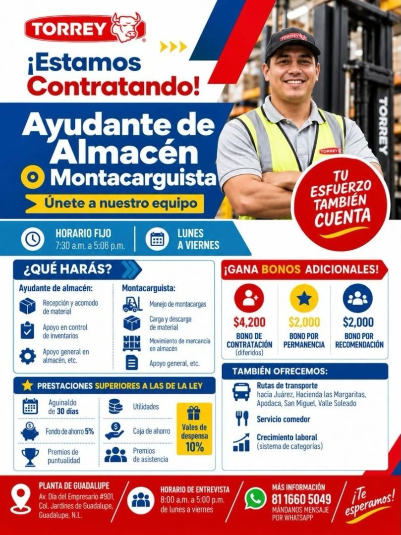 Banner del anuncio de la vacante: TORREY · ¡Estamos · Contratando! · Ayudante de · Almacén · © Montacarguista · Únete a nuestro equipo · HORARIO FIJO · 7:30 a.m. a 5:06 p.m. 