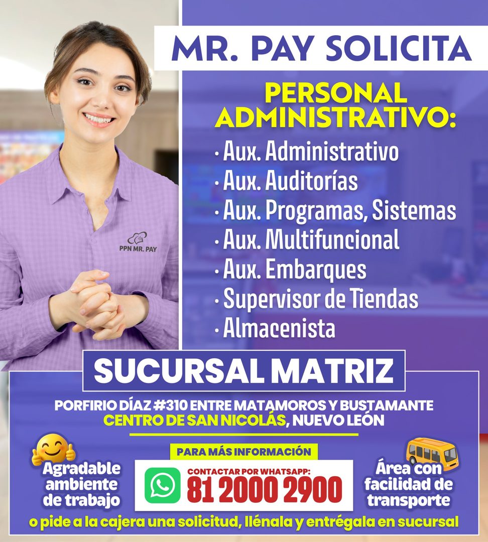 Banner del anuncio de la vacante: MR. PAY SOLICITA · PERSONAL · ADMINISTRATIVO: · • Aux. Administrativo · • Aux. Auditorias · • Aux. Programas, Sistemas · PPN MR. PAY · • Aux