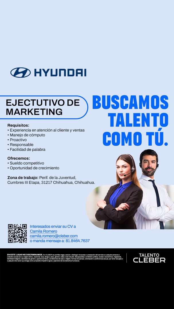 Banner del anuncio de la vacante: & HYUNDAI · EJECUTIVO DE BUSCAMOS · MARKETING · TALENTO · Requisitos: · • Experiencia en atención al cliente y ventas · • Manejo de cómputo 