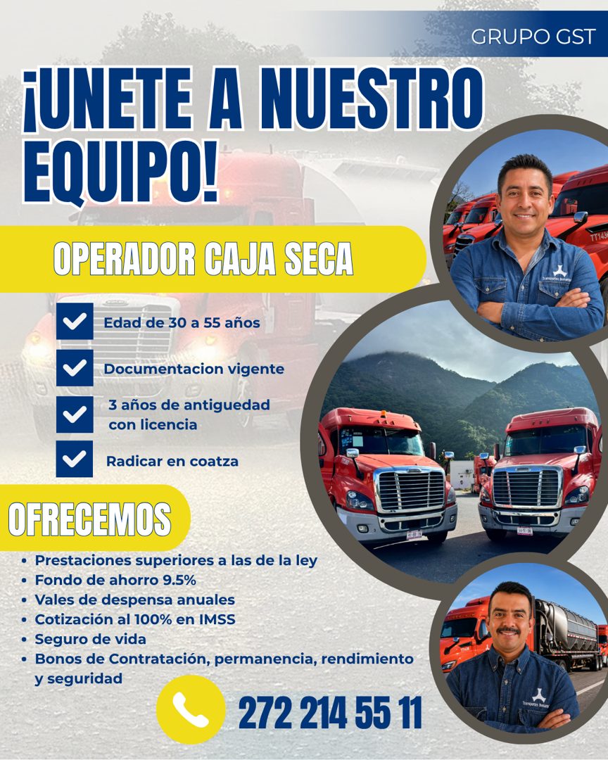 Banner del anuncio de la vacante: GRUPO GST · ¡UNETE A NUESTRO · EQUIPO! · OPERADOR CAJA SECA · Edad de 30 a 55 años · Documentacion Vigente · 3 años de antiguedad · con lice