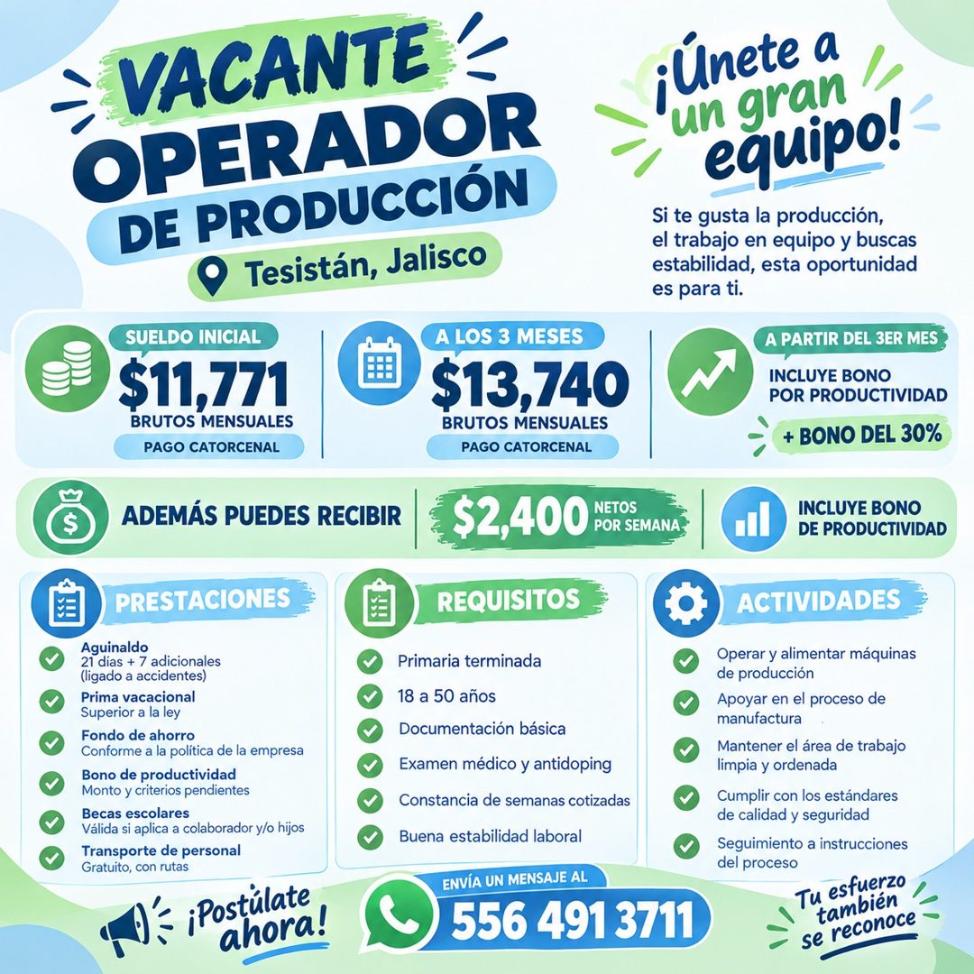 Banner del anuncio de la vacante: VACANTE · OPERADOR · DE PRODUCCIÓN · Tesistán, Jalisco · SUELDO INICIAL · $1771 · BRUTOS MENSUALES · PAGO CATORCENAL · A LOS 3 MESES · $13,7