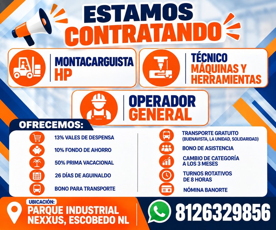 Banner del anuncio de la vacante: ESTAMOS · CONTRATANDO · MONTACARGUISTA · HP · TÉCNICO · MAQUINAS Y · HERRAMIENTAS · OPERADOR · GENERAL · OFRECEMOS: · 13% VALES DE DESPENSA 