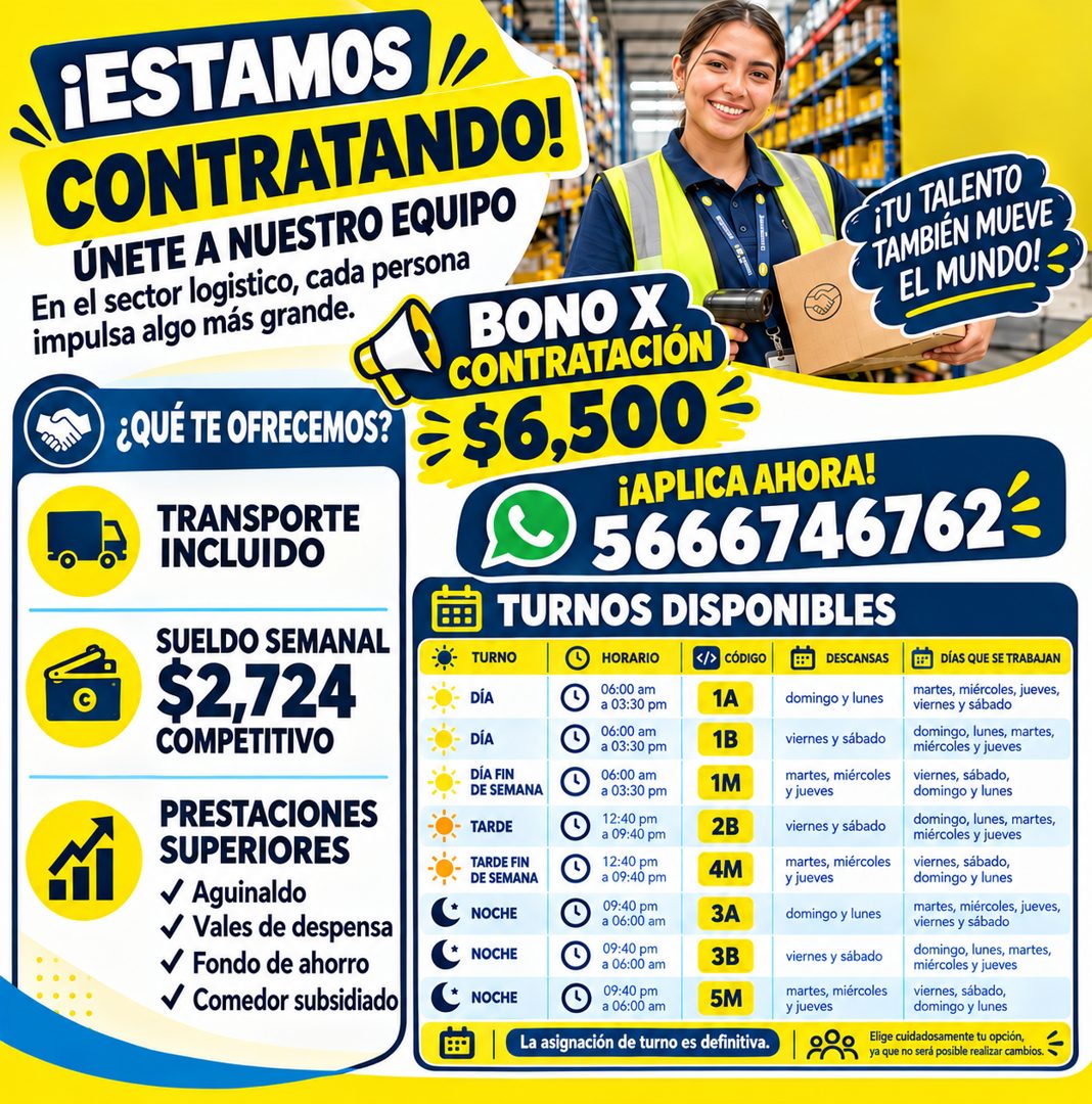 Banner del anuncio de la vacante: ¡ESTAMOS , · CONTRATANDO! · ÚNETE A NUESTRO EQUIPO · En el sector logistico, cada persona · iTU TALENTO · TAMBIÉN MUEVE · EL MUNDO! · impuls