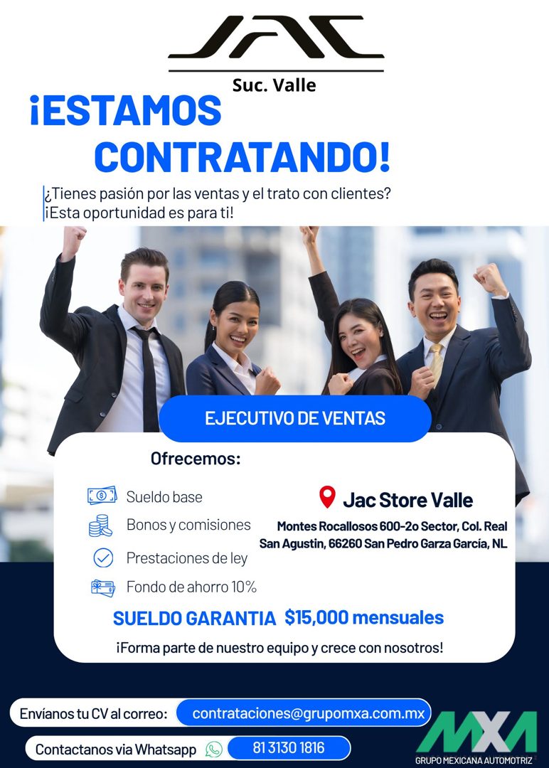 Banner del anuncio de la vacante: Suc. Valle · ¡ESTAMOS · CONTRATANDO! · ¿Tienes pasión por las ventas y el trato con clientes? · ¡Esta oportunidad es para ti! · EJECUTIVO DE