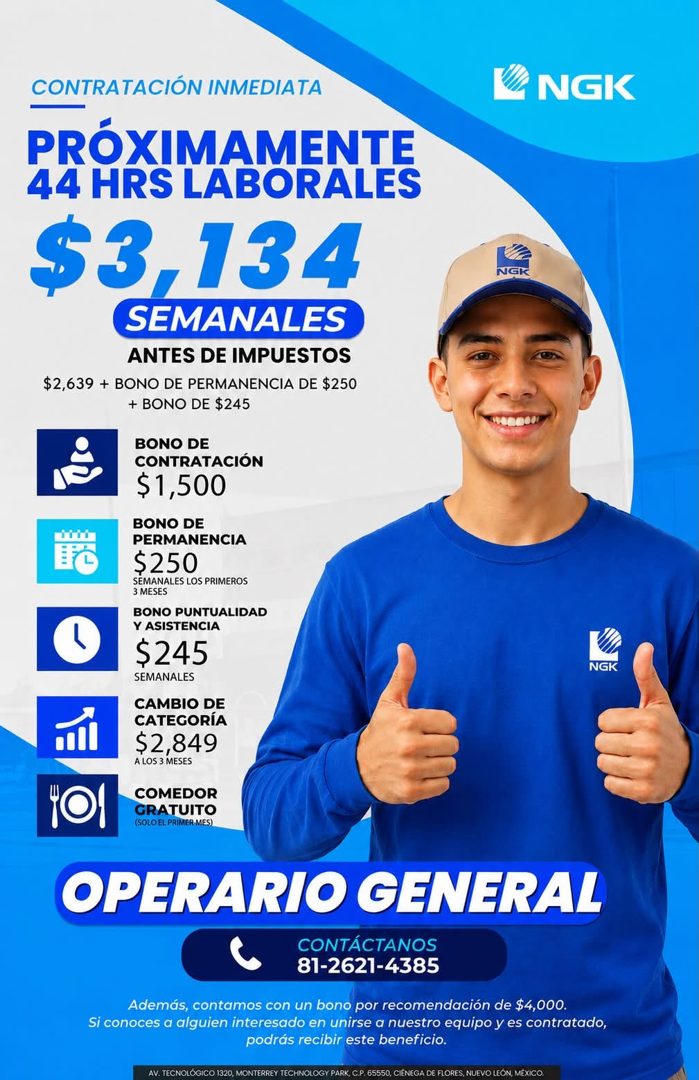Banner del anuncio de la vacante: CONTRATACIÓN INMEDIATA · PRÓXIMAMENTE · 44 HRS LABORALES · $3,134 · SEMANALES · ANTES DE IMPUESTOS · $2,639 + BONO DE PERMANENCIA DE $250 · 