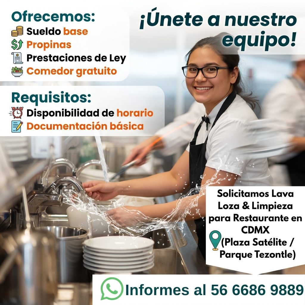 Banner del anuncio de la vacante: Ofrecemos: · Sueldo base · $ · Propinas · Prestaciones de Ley · Comedor gratuito · Requisitos: · =@ Disponibilidad de horario · Documentació