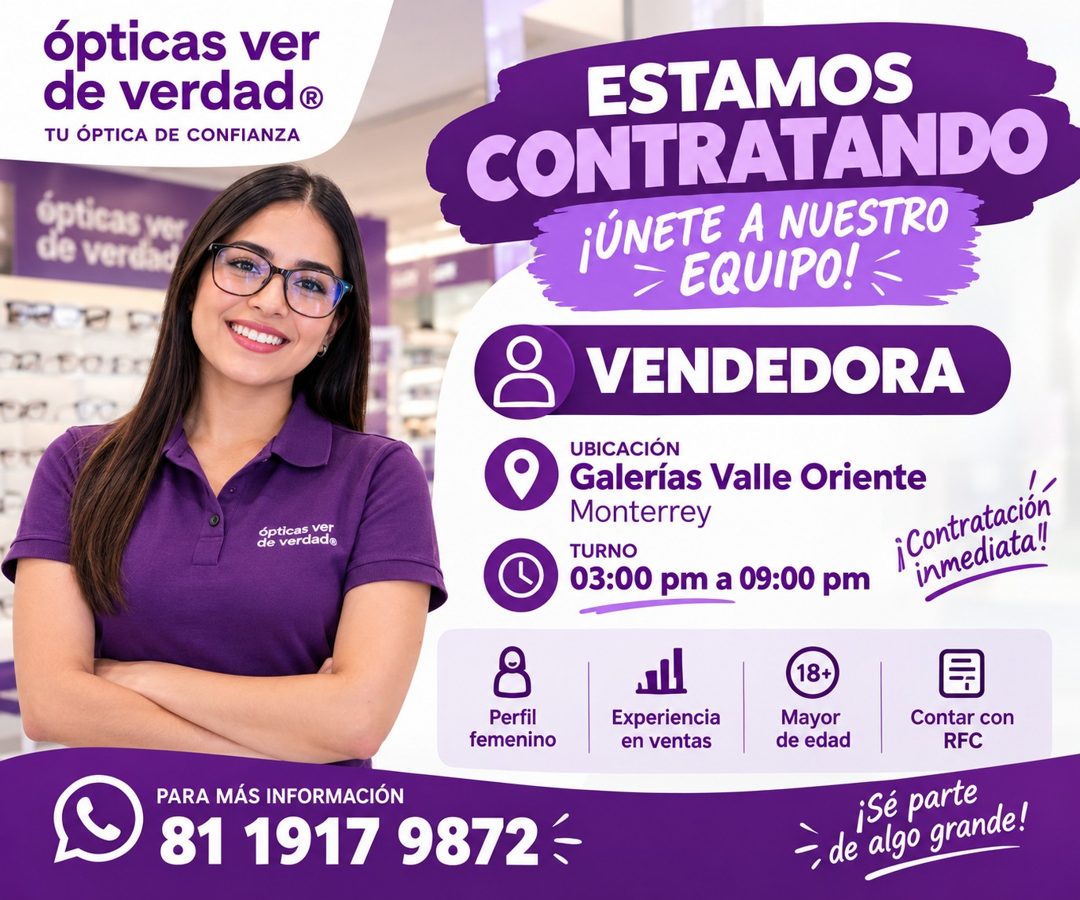 Banner del anuncio de la vacante: ópticas ver · de verdad® · TU ÓPTICA DE CONFIANZA · ópticas: · de verd · 00 1 · ópticas ver · de verdade · ESTAMOS · CONTRATANDO · ¡ÚNETE A 