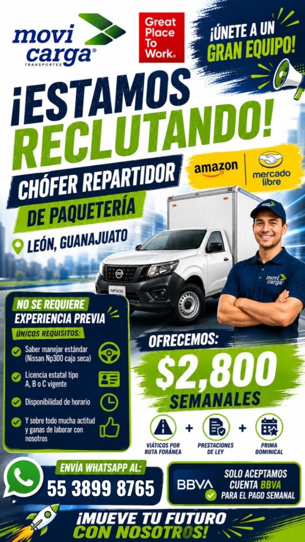 Banner del anuncio de la vacante: movi · Great · Place · TRANSPORTES · carga® · To · Work. · ¡ÚNETE A UN · GRAN EQUIPO! · ¡ESTAMOS · RECLUTANDO! · CHÓFER REPARTIDOR · amazon 