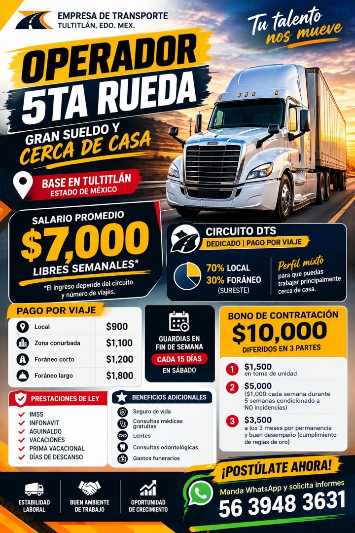 Banner del anuncio de la vacante: EMPRESA DE TRANSPORTE · TULTITLÁN, EDO. MEX. · OPERADOR · 5TA RUEDA · GRAN SUELDO Y · CERCA DE CASA · BASE EN TULTITLÁN · ESTADO DE MÉXICO ·