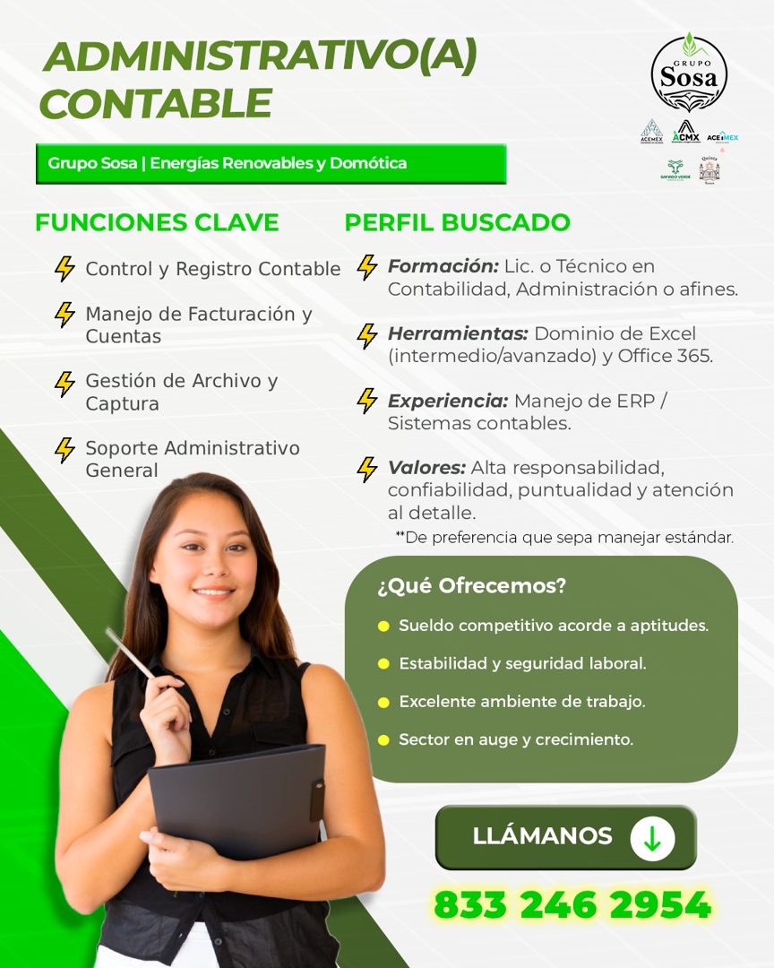 Banner del anuncio de la vacante: ADMINISTRATIVO(A) · CONTABLE · GRUPO · Sosa · ACEMEX · ACMX · ACEIMEX · Grupo Sosa | Energías Renovables y Domótica · FUNCIONES CLAVE · PERF