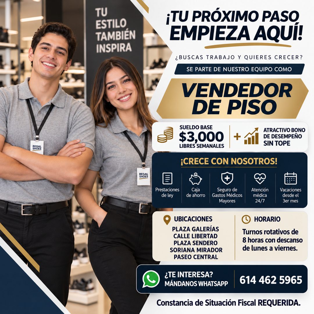 Banner del anuncio de la vacante: REGAL · SHOES · TU · ESTILO · TAMBIÉN · INSPIRA · REGAL · SHOES · ¡TU PRÓXIMO PASO · EMPIEZA AQUÍ! · ¿BUSCAS TRABAJO Y QUIERES CRECER? · SE 