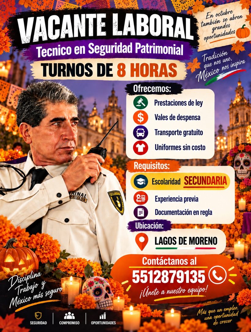 Banner del anuncio de la vacante: VACANTE LABORAL · Tecnico en Seguridad Patrimonial · TURNOS DE 8 HORAS · Ofrecemos: · Prestaciones de ley · $ · Vales de despensa · Transpor