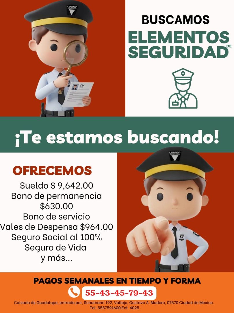 Banner del anuncio de la vacante: Losmor · BUSCAMOS · ELEMENTOS · SEGURIDAD® · ¡Te estamos buscando! · Losmor · OFRECEMOS · Sueldo $ 9,642.00 · Bono de permanencia · $630.00 