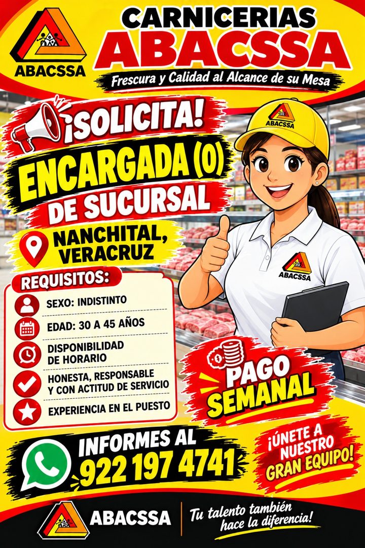 Banner del anuncio de la vacante: CARNICERIAS · ABACSSA · ABACSSA · Frescura y Calidad al Alcance de su Mesa · ¡SOLICITA! · ABACSSA · ENCARGADA (O) · DE SUCURSAL · NANCHITAL,