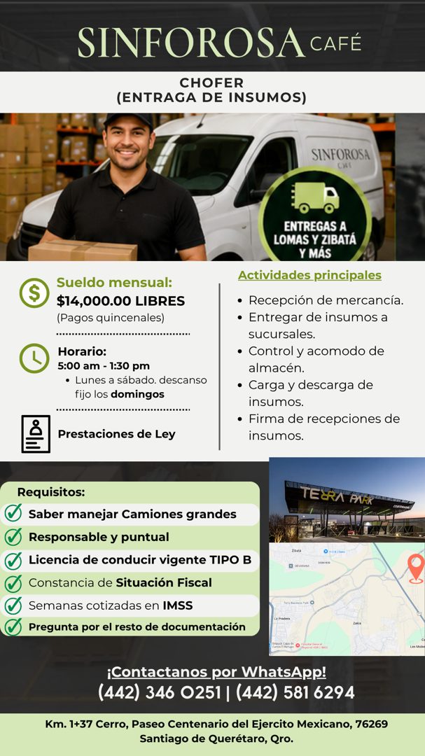 Banner del anuncio de la vacante: SINFOROSA CAFÉ · CHOFER · (ENTRAGA DE INSUMOS) · SINFOROSA · CHI · Sueldo mensual: · $14,000.00 LIBRES · (Pagos quincenales) · Horario: · 5: