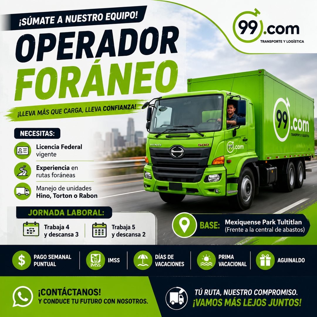 Banner del anuncio de la vacante: ¡SÚMATE A NUESTRO EQUIPO! · OPERADOR · FORÁNEO · ¡LLEVA MÁS QUE CARGA, LLEVA CONFIANZA! · 99).com · TRANSPORTE Y LOGÍSTICA · ). Com · TRASPO