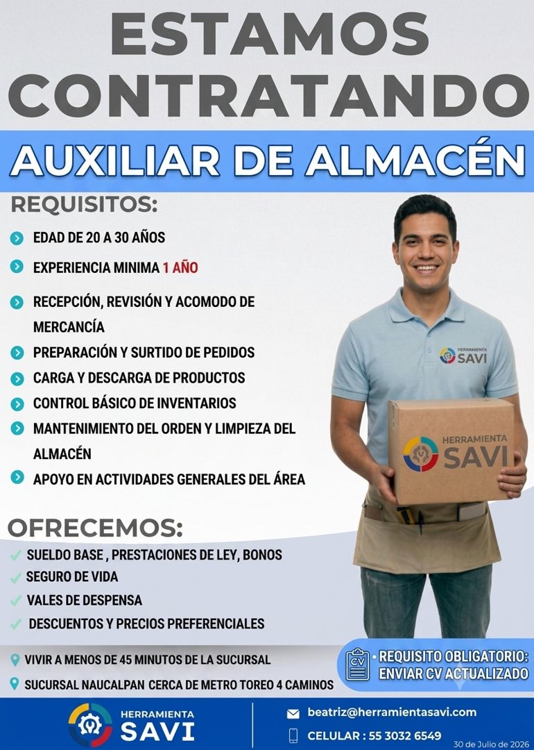 Banner del anuncio de la vacante: ESTAMOS · CONTRATANDO · AUXILIAR DE ALMACÉN · REQUISITOS: · EDAD DE 20 A 30 ANOS · EXPERIENCIA MINIMA 1 AÑO · RECEPCIÓN, REVISIÓN Y ACOMODO 
