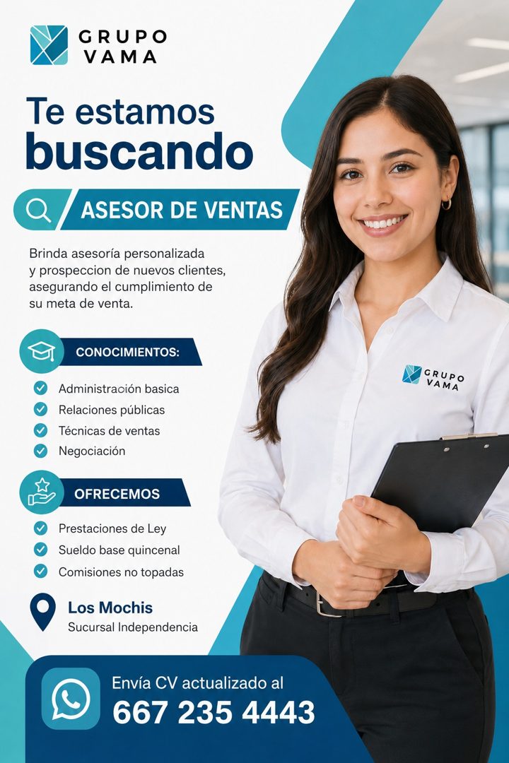 Banner del anuncio de la vacante: GRUPO · VAMA · Te estamos · buscando · ASESOR DE VENTAS · Brinda asesoría personalizada · y prospeccion de nuevos clientes, · asegurando el 
