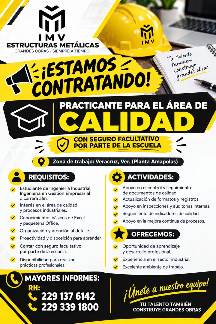 Banner del anuncio de la vacante: IM V · ESTRUCTURAS METÁLICAS · GRANDES OBRAS - SIEMPRE A TIEMPO · IMV · '¡ESTAMOS : · CONTRATANDO! · Tu talento · también · construye · gran
