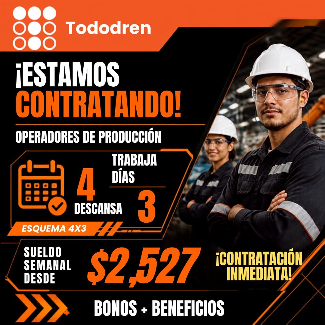 Banner del anuncio de la vacante: Tododren · ¡ESTAMOS · CONTRATANDO! · OPERADORES DE PRODUCCIÓN · TRABAJA · DIAS · 4 · DESCANSA · ESQUEMA 4X3 · SUELDO · SEMANAL · DESDE · 3 ·