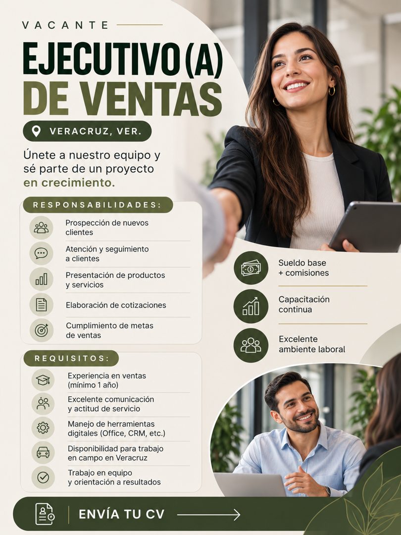 Banner del anuncio de la vacante: VACANTE · EJECUTIVO (A) · DE VENTAS · VERACRUZ, VER. · Únete a nuestro equipo y · sé parte de un proyecto · en crecimiento. · RESPONSABILIDA