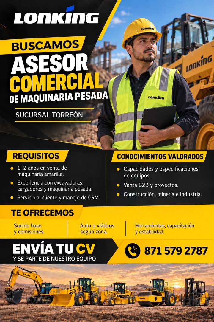 Banner del anuncio de la vacante: LONKING · LONKÍNG · BUSCAMOS · ASESOR · COMERCIAL · DE MAQUINARIA PESADA · SUCURSAL TORREÓN · LONKING · LONKING · REQUISITOS · • 1-2 años en