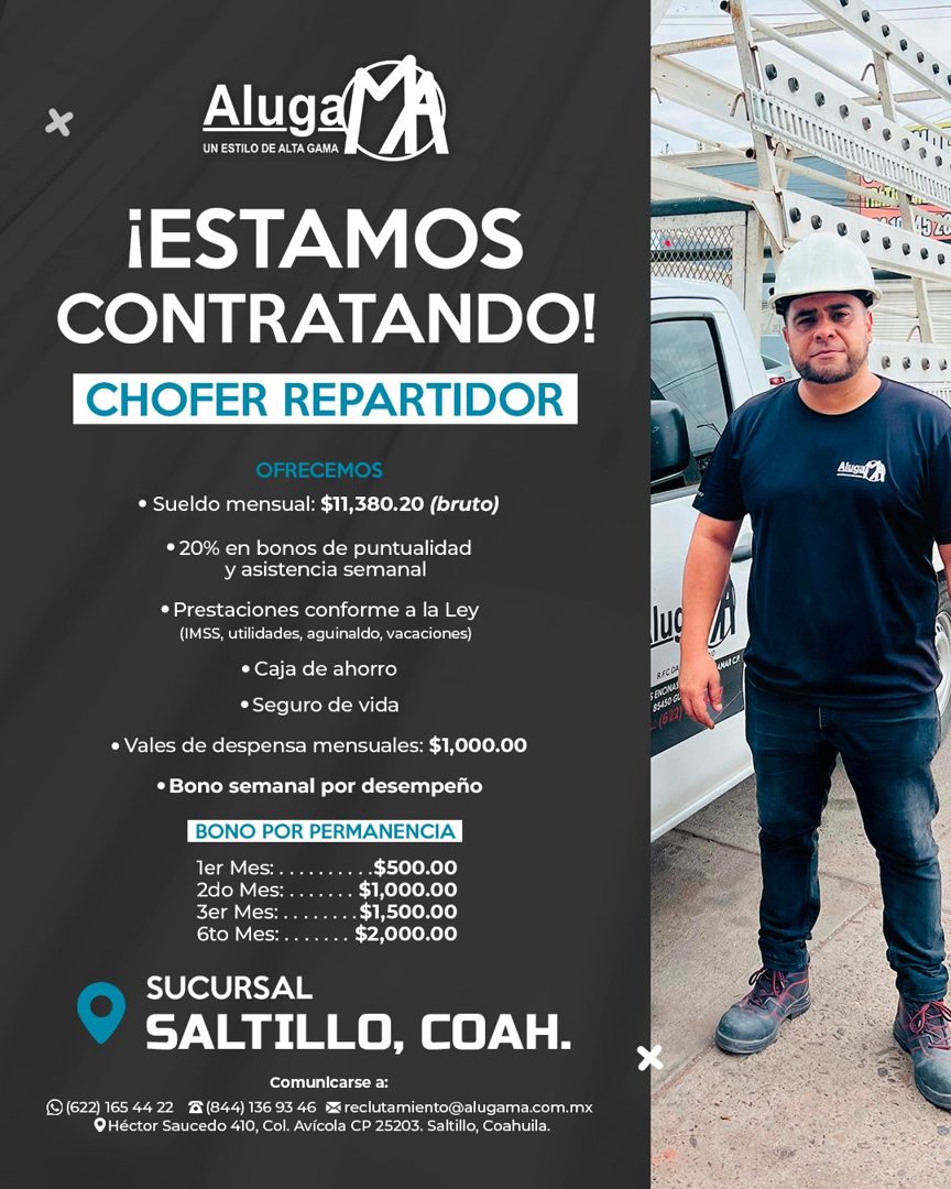 Banner del anuncio de la vacante: Alugal MA · UN ESTILO DE ALTA GAMA · ¡ESTAMOS · CONTRATANDO! · CHOFER REPARTIDOR · OFRECEMOS · • Sueldo mensual: $11,380.20 (bruto) · • 20% 