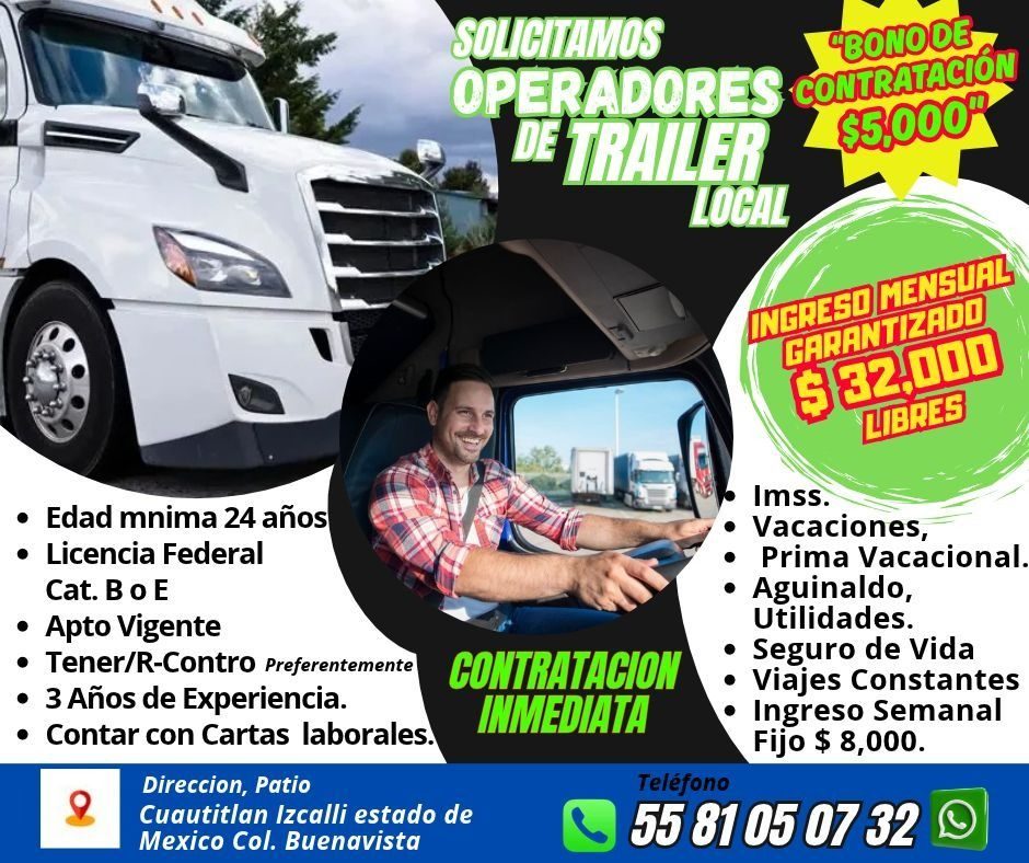 Banner del anuncio de la vacante: SOLICITAMOS · ч8ONO0E. · OPERADORES CONIRATACION · DE TRAILER · 83000° · LOCAL · INGRESO MENSUAL · GARANTIZADO · $32.000 · LIBRES · • Edad m