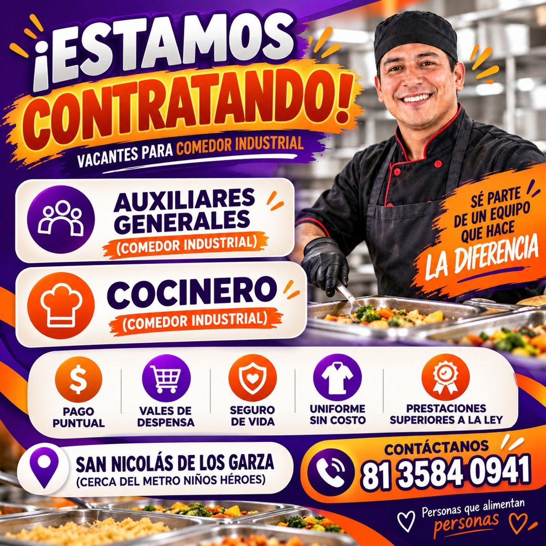 Banner del anuncio de la vacante: ¡ESTAMOS · CONTRATANDO! · VACANTES PARA COMEDOR INDUSTRIAL · AUXILIARES · GENERALES · (COMEDOR INDUSTRIAL) · COCINERO · ≤ (COMEDOR INDUSTRIA