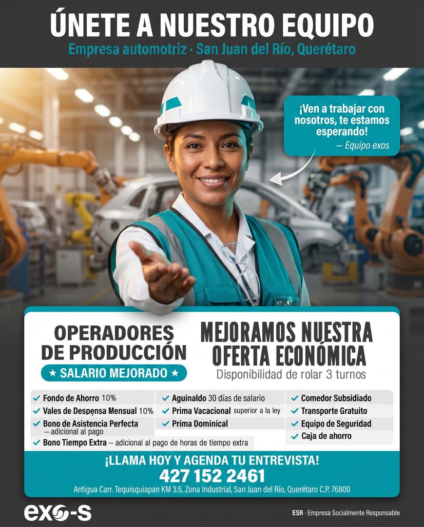 Banner del anuncio de la vacante: ÚNETE A NUESTRO EQUIPO · Empresa automotriz • San Juan del Río, Querétaro · ¡Ven a trabajar con · nosotros, te estamos · esperando! · - Equi