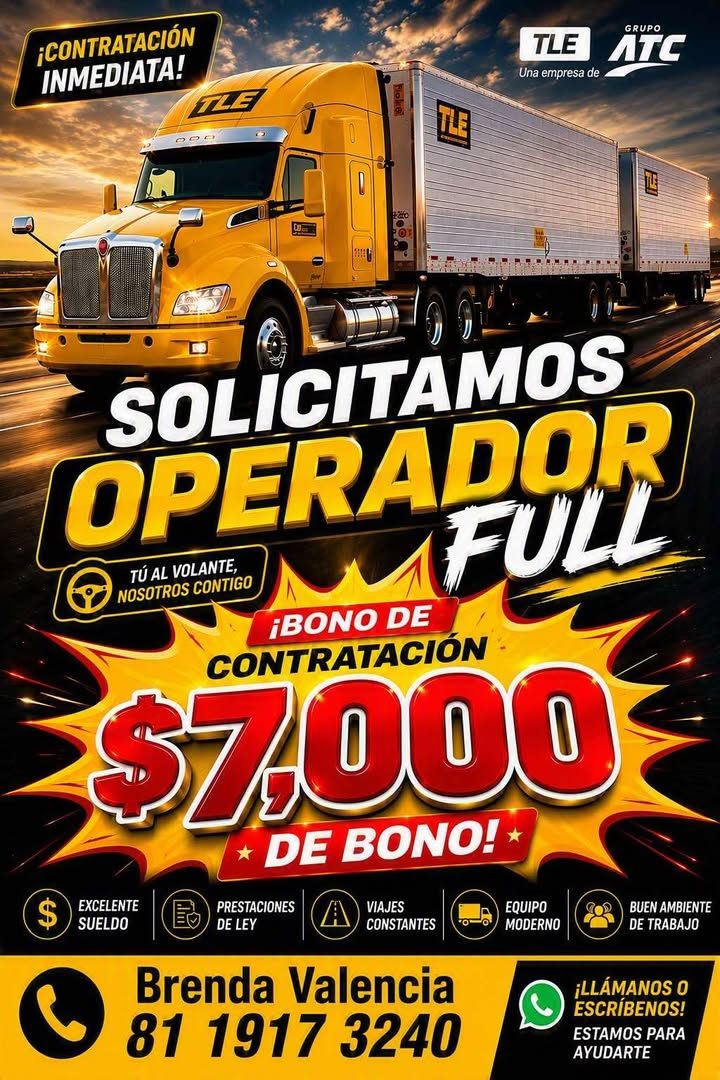 Banner del anuncio de la vacante: ¡CONTRATACIÓN · INMEDIATA! · TLE · TLE · Una empresa de · GRUPO · ЛТС · TLE · SOLICITAMOS · OPERADOR · TÚ AL VOLANTE, · FULL · NOSOTROS CONT