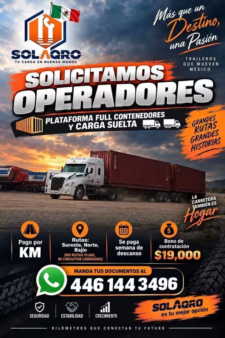 Banner del anuncio de la vacante: Más que un · Destino, · una Pasión · TRAILEROS · QUE MUEVEN · MÉXICO · SOL · TU CARGA EN · CRO · BUENAS MANOS · SOLICITAMOS · OPERADORES · P