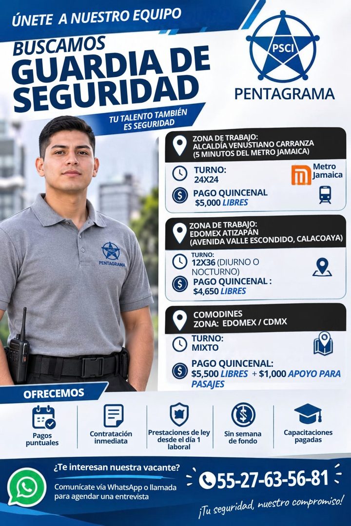 Banner del anuncio de la vacante: ÚNETE A NUESTRO EQUIPO · BUSCAMOS · GUARDIA DE · SEGURIDAD · TU TALENTO TAMBIÉN · ES SEGURIDAD · PSCI · PENTAGRAMA · PENTAGRAMA · ZONA DE TR