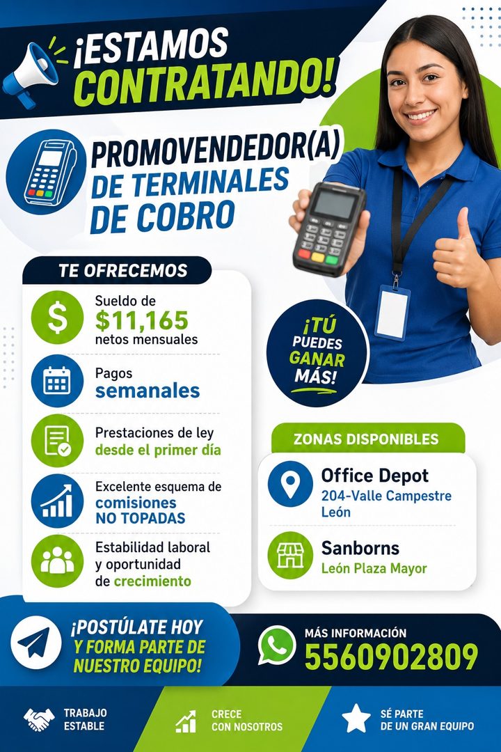 Banner del anuncio de la vacante: $ · ¡ESTAMOS · CONTRATANDO! · PROMOVENDEDOR(A) · DE TERMINALES · DE COBRO · TE OFRECEMOS · Sueldo de · $11,165 · netos mensuales · Pagos · s