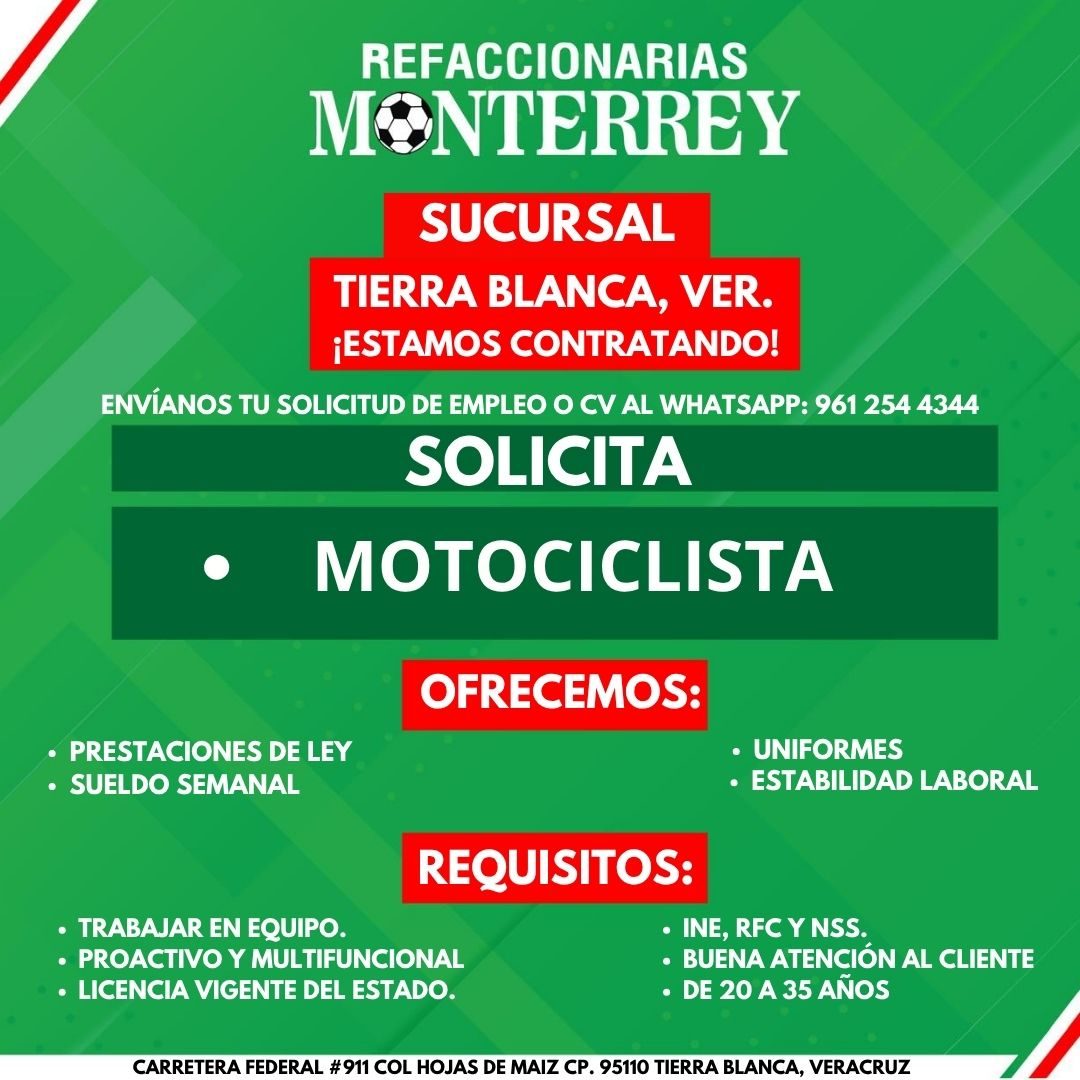 Banner del anuncio de la vacante: REFACCIONARIAS · MONTERREY · SUCURSAL · TIERRA BLANCA, VER. · ¡ESTAMOS CONTRATANDO! · ENVÍANOS TU SOLICITUD DE EMPLEO O CV AL WHATSAPP: 961 