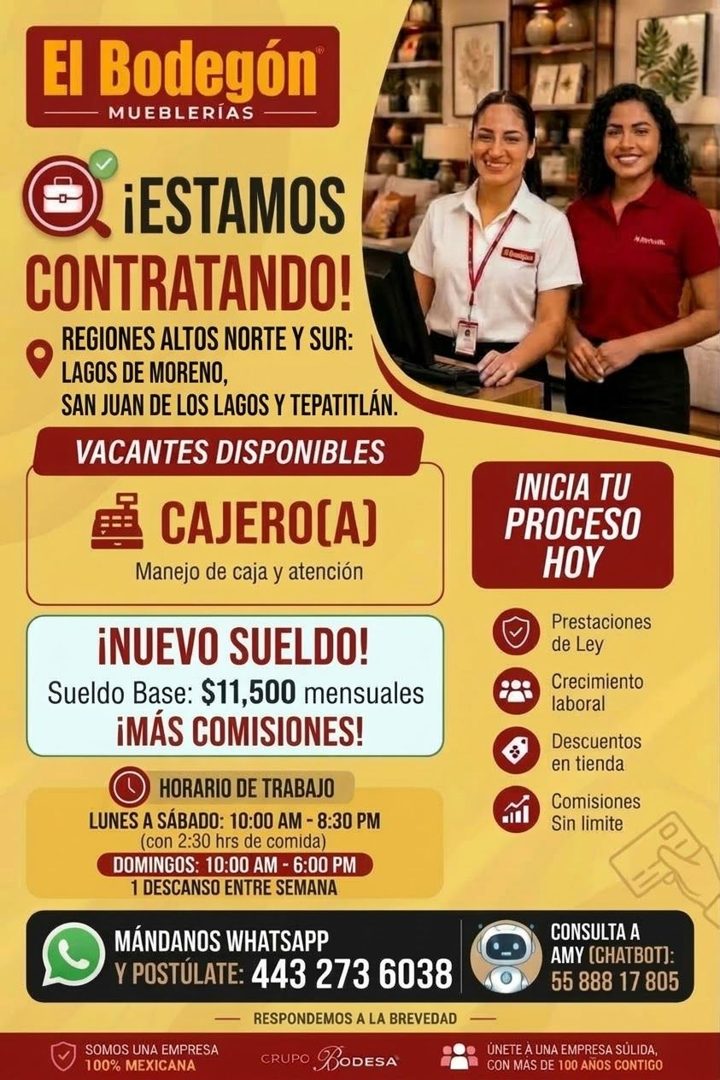 Banner del anuncio de la vacante: El Bodegón · MUEBLERÍAS · ¡ESTAMOS · CONTRATANDO! · REGIONES ALTOS NORTE Y SUR: · LAGOS DE MORENO, · SAN JUAN DE LOS LAGOS Y TEPATITLÁN. · V