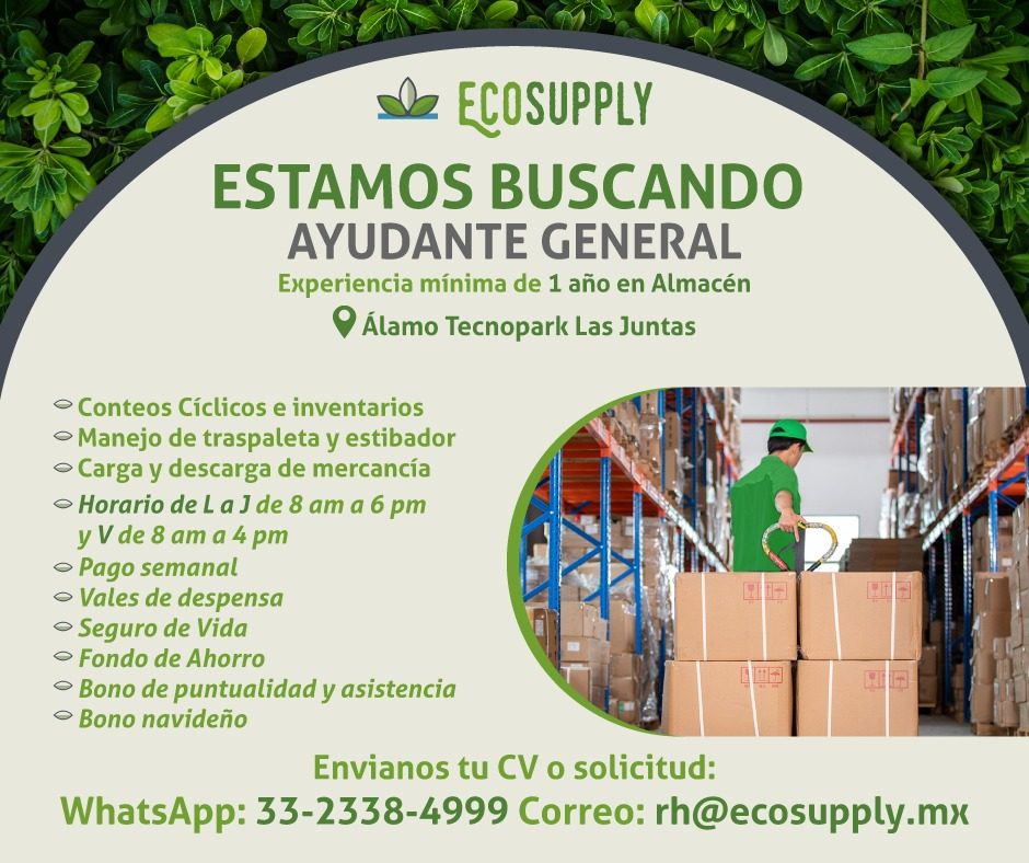 Banner del anuncio de la vacante: ECOSUPPLY · ESTAMOS BUSCANDO · AYUDANTE GENERAL · Experiencia mínima de 1 año en Almacén · 9 Álamo Tecnopark Las Juntas · • Conteos Cíclicos
