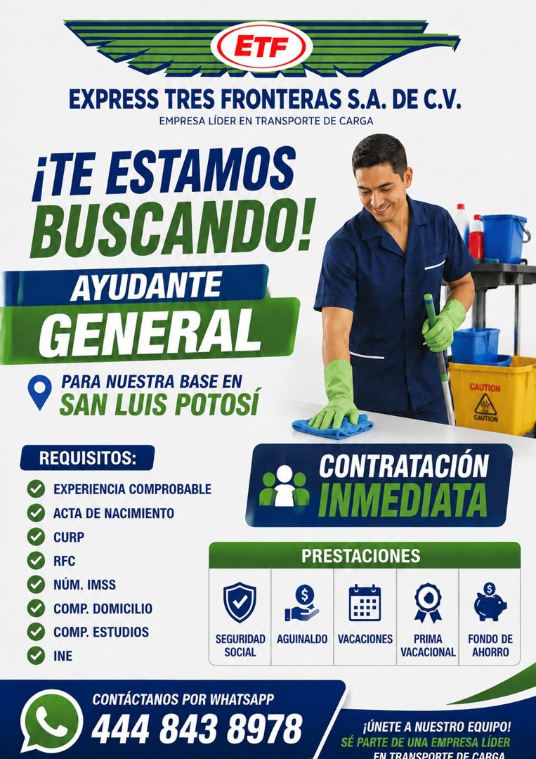 Banner del anuncio de la vacante: ETF · EXPRESS TRES FRONTERAS S.A. DE C.V. · EMPRESA LIDER EN TRANSPORTE DE CARGA · ¡TE ESTAMOS · BUSCANDO! · AYUDANTE · GENERAL · PARA NUEST