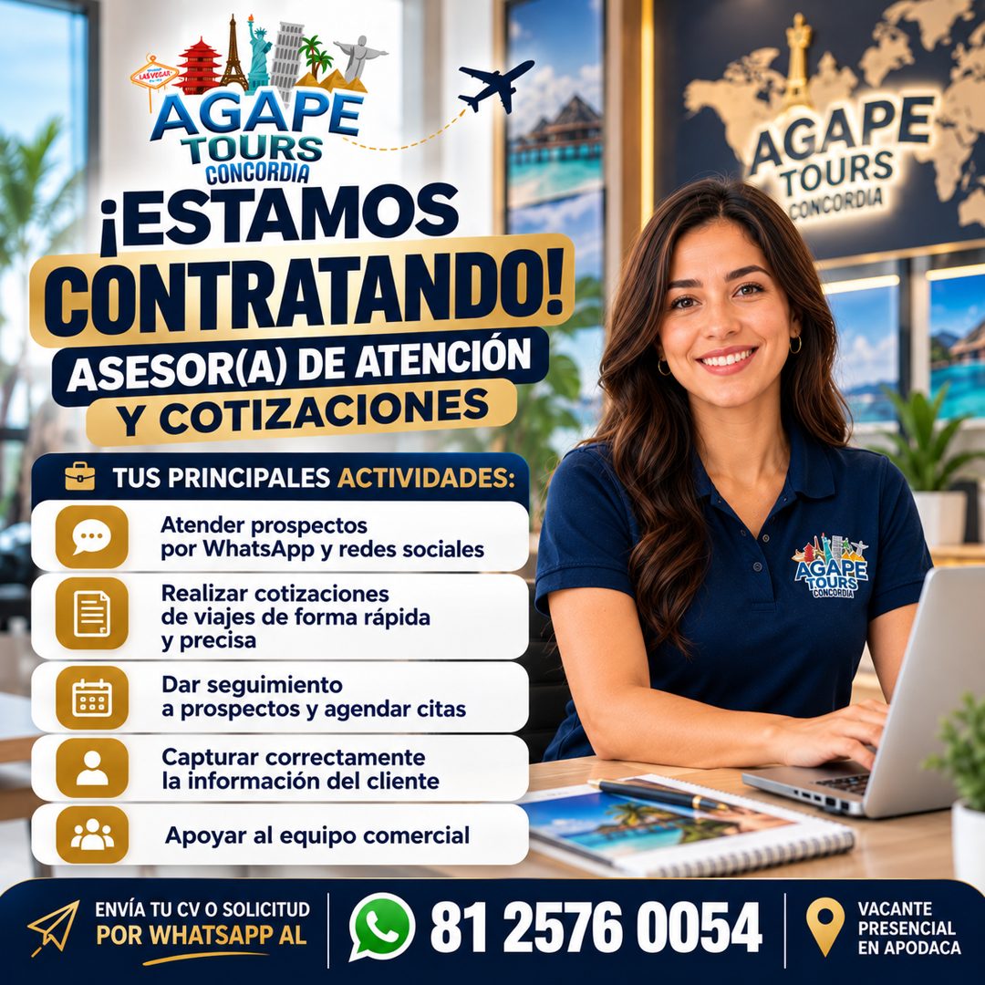 Banner del anuncio de la vacante: AGAPE · TOURS · CONCORDIA · ¡ESTAMOS · CONTRATANDO! · ASESOR(A) DE ATENCIÓN · Y COTIZACIONES · TUS PRINCIPALES ACTIVIDADES: · Atender prospe
