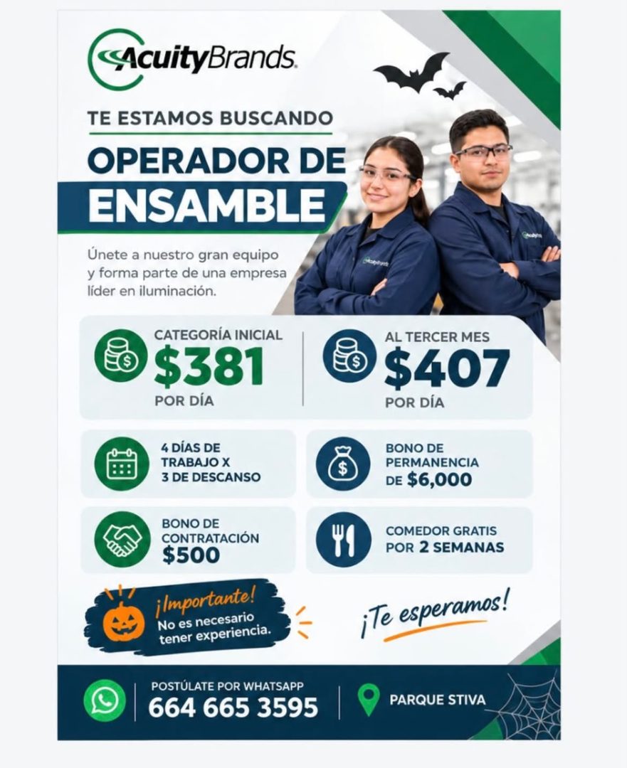 Banner del anuncio de la vacante: acuityBrands. · TE ESTAMOS BUSCANDO · OPERADOR DE · ENSAMBLE · Únete a nuestro gran equipo · y forma parte de una empresa · líder en ilumina